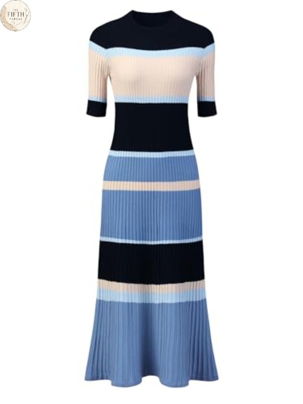 Hobemty Women's Ribbed Knit Striped Midi Sweater Dress Mock Neck Short Sleeve